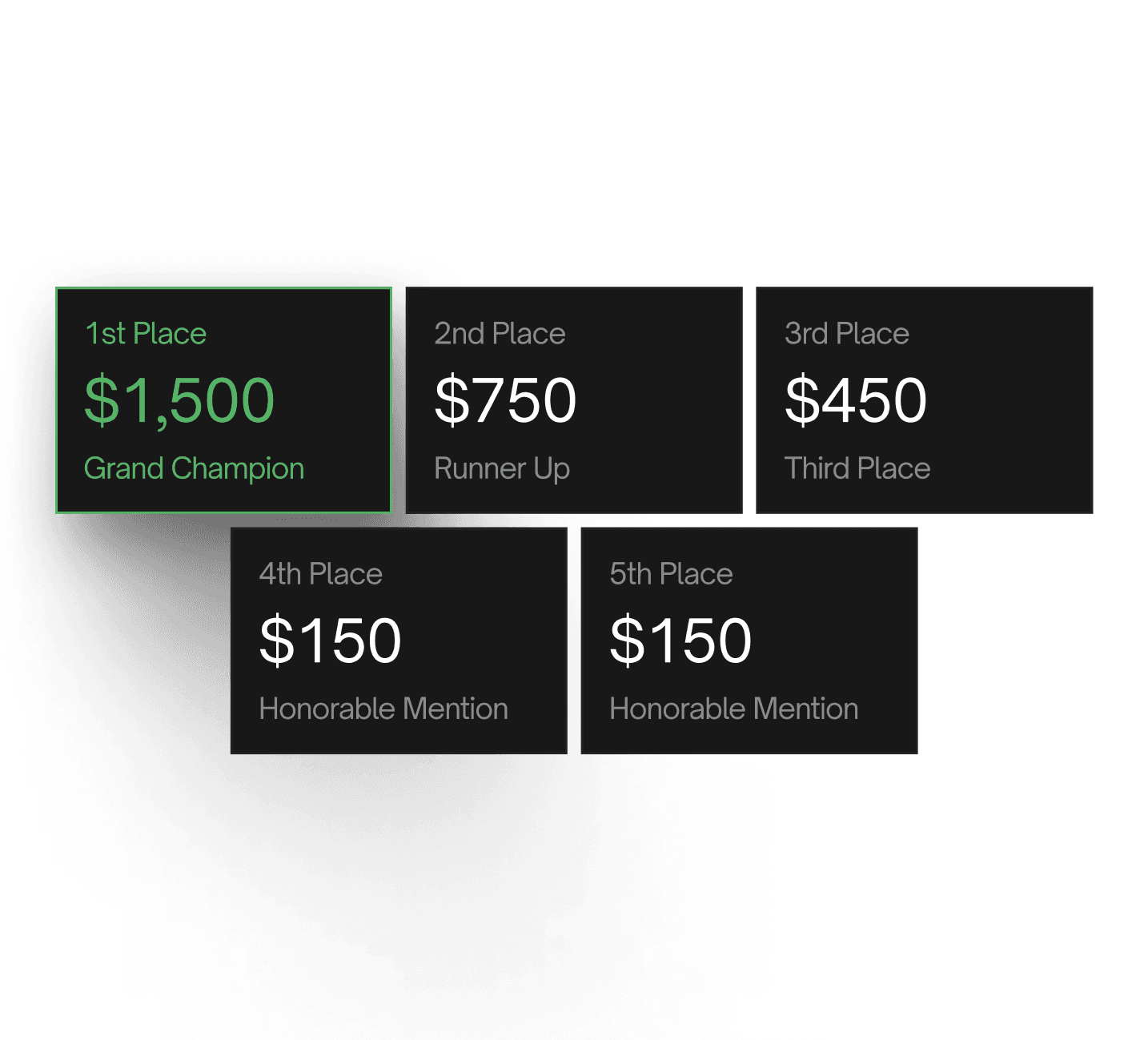 Prize tiers: 1st place $1,500 Grand Champion, 2nd $750, 3rd $450, 4th and 5th $150 Honorable Mention