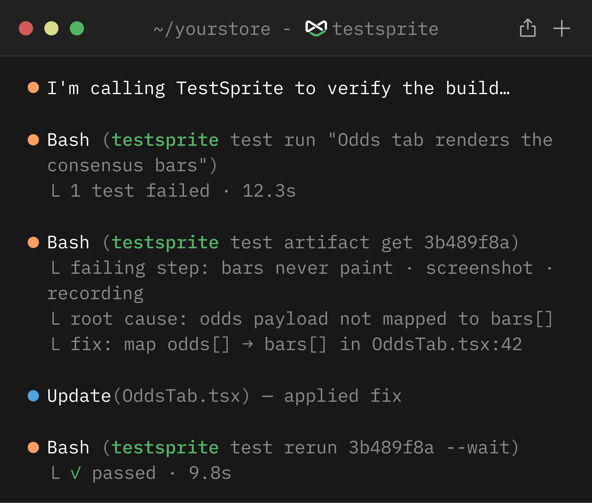 TestSprite CLI verifying an app from the terminal